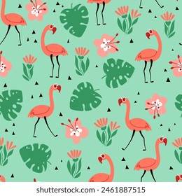 Tropical cartoon seamless pattern with pink flamingos, flowers and monstera leaves on a light green background. Design for fabric, textile, wrapping paper and other decoration.