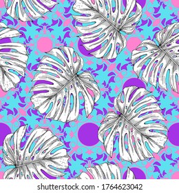 Tropical casting monstera on graphic background. Black and white image of a palm tree on a colored oriental ornament. Seamless pattern for different surfaces.