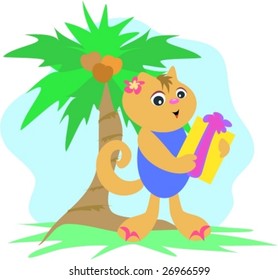 Tropical Cat with a Special Gift Vector