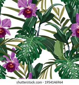 Tropical Cattleya orchid flowers and exotic leaves on white background. Seamless pattern. Jungle foliage illustration. Exotic plants. Summer beach floral design. Paradise nature.