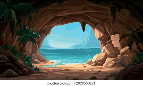 Tropical Cave Entrance Overlooking Idyllic Sunny Beach