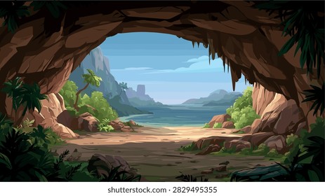 Tropical Cave Opening to Scenic Beach and Ocean View