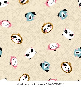 Tropical characters Seamless pattern with cute animals faces. Childish print for nursery in a Scandinavian style. For baby clothes, interior, packaging. Vector cartoon illustration in pastel colors.