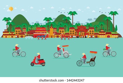 Tropical in china and mountains landscape. Ride Bicycle, tricycle, scooter. flat design