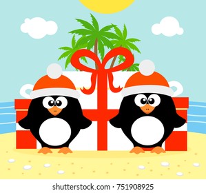 Tropical Christmas background with two penguins.Vector illustration