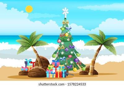 Tropical Christmas at the beach. Sand, palm trees and colorful gift boxes. Xmas poster or card design. Copy space. Vector illustration.