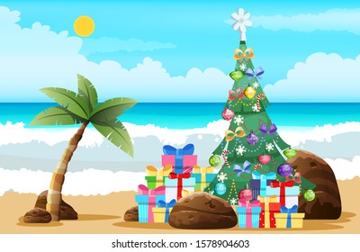 Tropical Christmas at the beach. Sand, palm trees and colorful gift boxes. Xmas poster or card design. Copy space. Vector illustration.