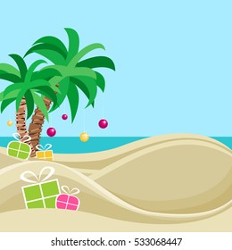 Tropical Christmas at the beach. Sand, palm trees and colorful gift boxes. Xmas poster or card design. Copy space. Vector illustration.