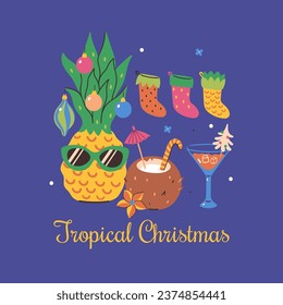 Tarjeta tropical de Navidad con piña decorada con gafas. Gráficos vectoriales.