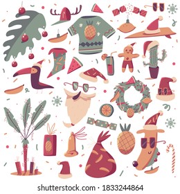 Tropical Christmas elements vector cartoon set isolated on a white background.