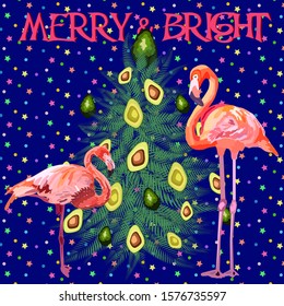Tropical Christmas. Flamingo, palm leaves and snowflakes. Template for cards and party invitations. Christmas tree made of palm leaves and avocado