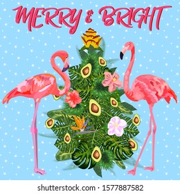 Tropical Christmas. Flamingo, palm leaves and snowflakes. Template for cards and party invitations. Christmas tree made of palm leaves and avocado