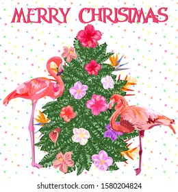 Tropical Christmas. Flamingo, palm leaves and snowflakes. Template for cards and party invitations. Christmas tree made of tropical leaves