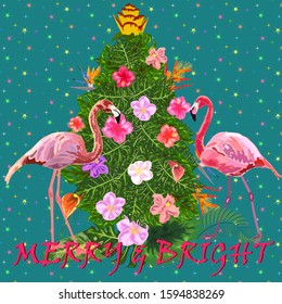 Tropical Christmas. Flamingo, palm leaves and snowflakes. Template for cards and party invitations. Christmas tree made of tropical leaves