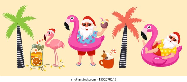 Tropical Christmas. Funny tropical collection of images with santa, flamingo, palm tree and flamingo inflatable ring. Vector illustrations.