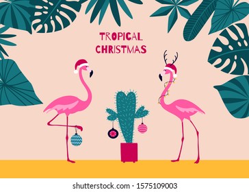 Tropical Christmas greeting card with flamingos decorating a cactus as a Christmas tree. Cute illustration for seasonal holidays in flat cartoon style