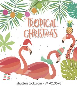 Tropical Christmas Greeting Card With Plant And Flamingo. Editable Vector Illustration