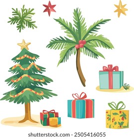 Tropical Christmas illustrations featuring a decorated pine tree, a palm tree, wrapped gifts, and festive stars, blending traditional holiday elements with a tropical twist.