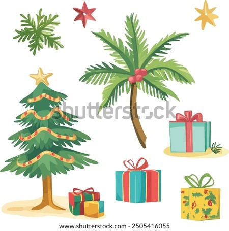 Tropical Christmas illustrations featuring a decorated pine tree, a palm tree, wrapped gifts, and festive stars, blending traditional holiday elements with a tropical twist.