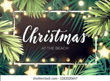 Tropical Christmas On The Beach Design With Monstera Palm Leaves Gold Glowing Stars And Light Bulb Garlands, Vector Illustration.