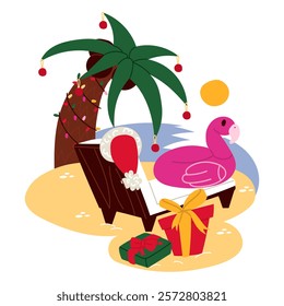 tropical Christmas. Christmas palm tree chaise longue, garland. Inflatable flamingo on a chaise longue. Santa's gifts under the palm tree. Festive garland on a palm tree. illustration is in a flat sty