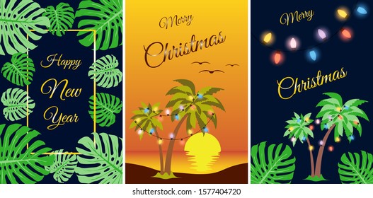 Tropical Christmas palm tree and foliage. Set of greeting cards with a summer beach and tropical leaves. Holiday weekend in a warm climate. Flat vector image for a flyer invitation to a beach party.