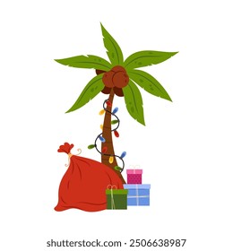 Tropical Christmas. Christmas palm tree. Santa's sack of presents under a palm tree. Festive garland on a palm tree. Flat style illustration.