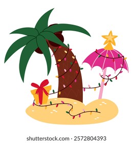 tropical Christmas. palm tree and a sun umbrella are decorated with a garland. palm tree with coconuts, an umbrella with star, Christmas gift. Festive garland on a palm tree. illustration is in flat