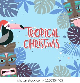 Tropical Christmas Poster With Fun Hawaiian Mask And Toucan. Merry Christmas Greeting Or Invitation Card. Editable Vector Illustration