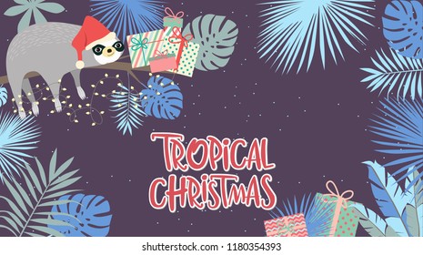 Tropical Christmas poster with fun sloth. Merry Christmas greeting or invitation card. Editable vector illustration