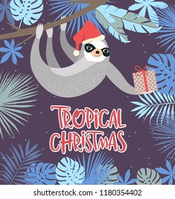 Tropical Christmas poster with fun sloth. Merry Christmas greeting or invitation card. Editable vector illustration