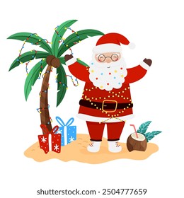 Tropical Christmas, Santa Claus, palm and gift boxes in flat style, Vector illustration for holiday designs of banner, cover, advertisement, greeting card. Concept of Christmas and New Year