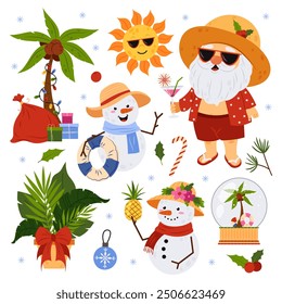 Tropical Christmas. Santa Claus, palm tree, presents, flat style snowman. Vector illustration for holiday designs of banner, cover, advertisement, greeting card. Concept of Christmas and New Year.