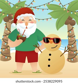 Natal tropical, Papai Noel e boneco de neve de areia, coqueiros com luzes de natal na praia