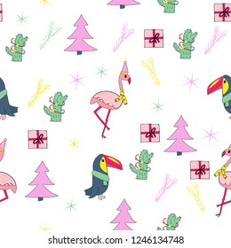 Tropical christmas seamless pattern. Hand drawn vector illustration with pink christmas trees, flamingos, toucans, cactuses with, presents.
