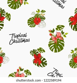 Tropical Christmas seamless pattern with monstera leaves and red xmas bows. Hand drawn illustration.