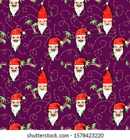 Tropical christmas seamless pattern. New year concept with garlands,palm trees and cute Santa's. Festive background