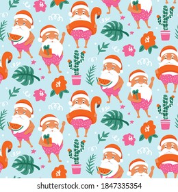 Tropical Christmas seamless pattern with Summer Santa Claus in flamingo inflatable ring, watermelon, gift box Vector funny background or texture. Ideal for Happy New Year designs and wrapping paper.