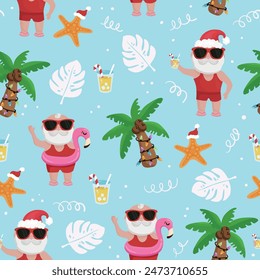 Tropical Christmas seamless pattern with Summer Santa Claus, palm, Starfish, and lemonade.