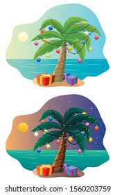 Tropical Christmas tree. Decorated exotic New Year palm flat vector illustrations set. Festive presents and gift boxes on sand beach isolated on white background. Xmas baubles hanging on leaves.