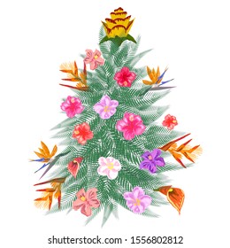 Tropical Christmas. Christmas tree made of tropical palm leaves and monstera