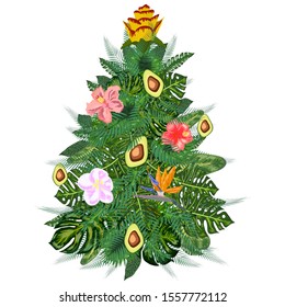 Tropical Christmas. Christmas tree made of palm leaves and avocado