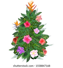 Tropical Christmas. Christmas tree made of tropical palm leaves and monstera