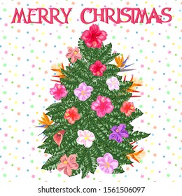 Tropical Christmas. Christmas tree made of tropical palm leaves and monstera