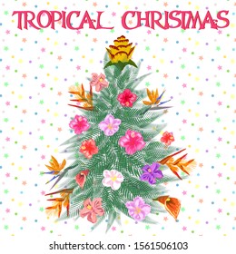 Tropical Christmas. Christmas tree made of tropical palm leaves and monstera