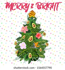 Tropical Christmas. Christmas tree made of palm leaves and avocado