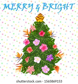 Tropical Christmas. Christmas tree made of tropical palm leaves and monstera