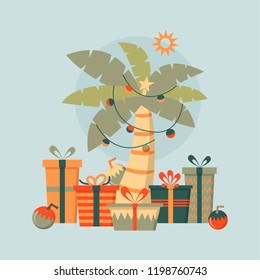 Tropical Christmas Tree And Presents Pastel Palette, Vector Illustration