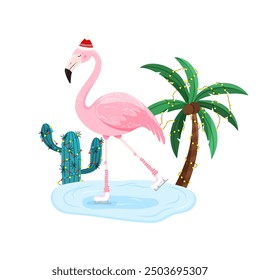 Tropical Christmas,Cute Flamingo, palms and cactus in flat style for holiday designs banner, cover, advertisement, greeting card. Vector illustration of Concept of Christmas and New Year