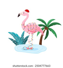 Tropical Christmas,Cute Flamingo and palms in flat style for holiday designs banner, cover, advertisement, greeting card. Vector illustration of Concept of Christmas and New Year